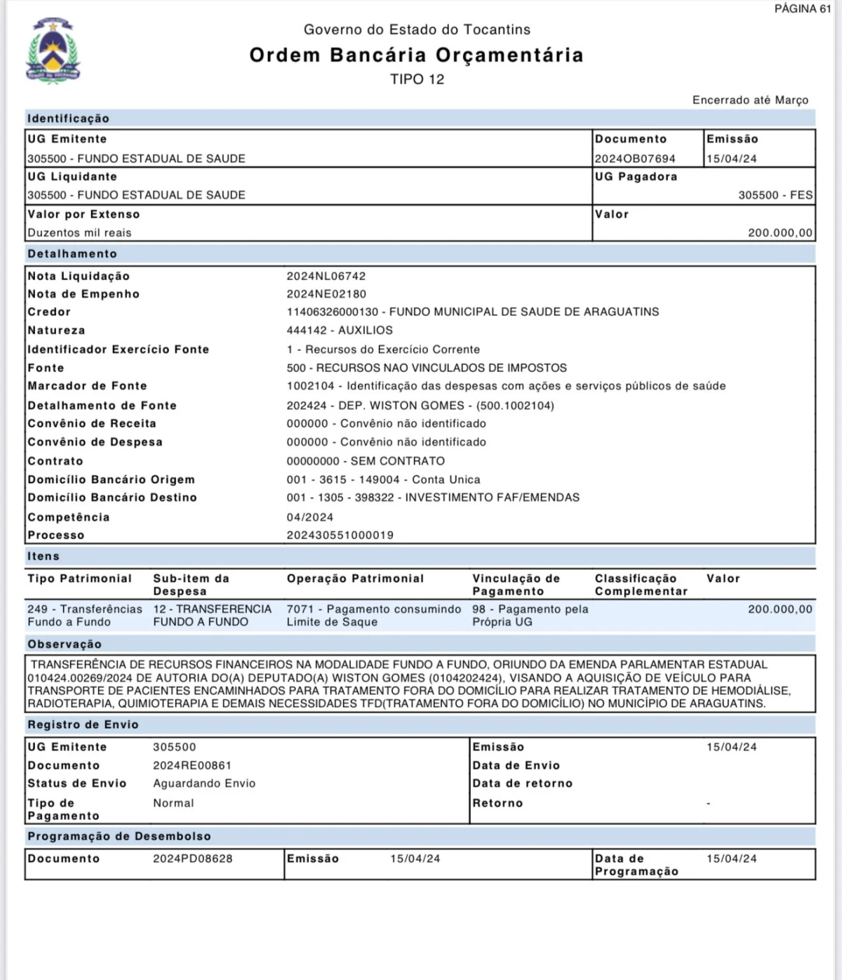 “Vamos zerar o jogo”: Wiston Gomes cobra do prefeito de Araguatins execução de recursos já em conta